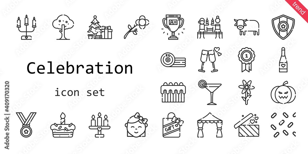celebration icon set. line icon style. celebration related icons such as gift, christmas tree, tree, ox, flower, wedding arch, cocktail, candelabra, cake,candle, medal, baby, boxing, champagne
