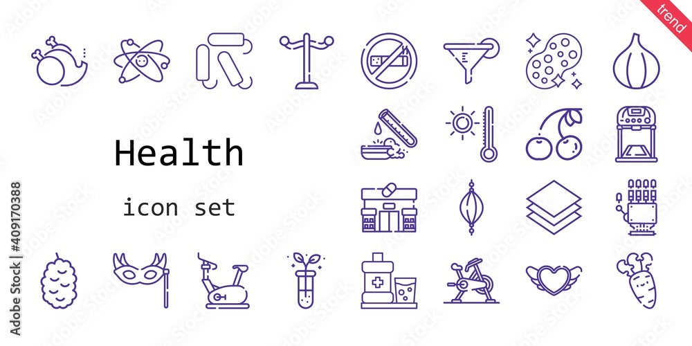health icon set. line icon style. health related icons such as sponge, cherry, berry, rack, eye mask, test tube, mouthwash, fig, no smoke, stationary bike, layer, without, heart, filter, punching ball