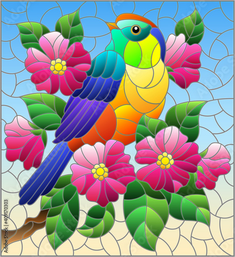 Illustration in the style of stained glass with a beautiful bright bird  on a  background of branch of tree with pink flowers and sky, rectangular image