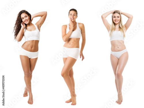 Group of Beauty Women different Body Size Weight Type Skin Color Tan. Diverse Ethnic. Body Positive. Isolated White