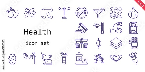 health icon set. line icon style. health related icons such as sponge, cherry, berry, rack, eye mask, test tube, mouthwash, fig, no smoke, stationary bike, layer, without, heart, filter, punching ball