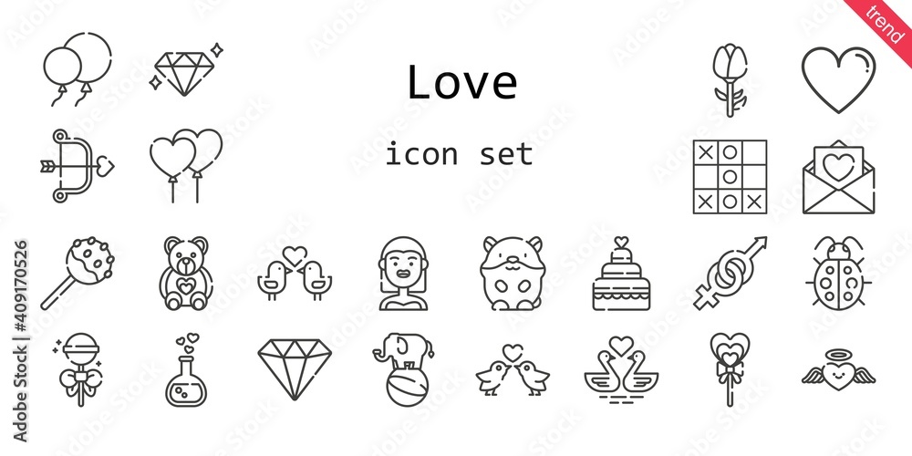 Fototapeta premium love icon set. line icon style. love related icons such as bride, gender, balloons, like, hamster, ladybug, lollipop, heart, swans, love potion, cake pop, cupid, diamond, wedding cake, love birds