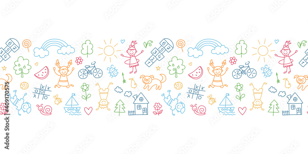 Happy children in summer park. Funny small kids play, run and jump. Color background in kid doodle style. Hand drawn vector illustration