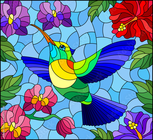 Illustration in stained glass style with a bright Hummingbird bird on the background of the sky and flowers of orchids and hibiscus