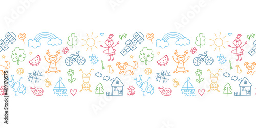 Happy children in summer park. Funny small kids play, run and jump. Color background in kid doodle style. Hand drawn vector illustration