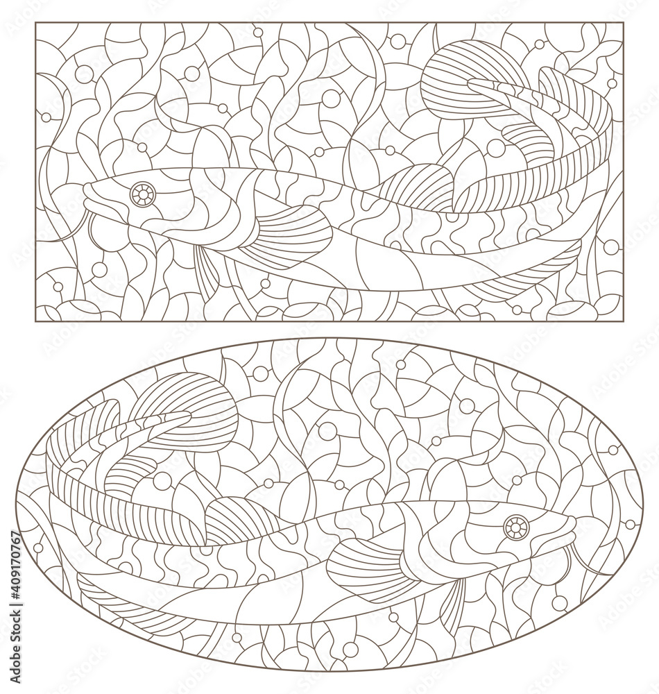 A set of contour illustrations in the stained glass style with burbot fish on a background of algae, dark contours on a white background A set of contour illustrations in the stained glass style with burbot fish on a background of algae, dark contours on a white background
