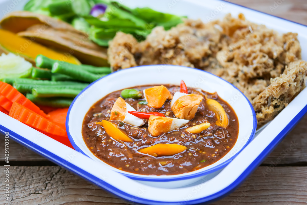 Φωτογραφία Thai food name Naam Phrik Lohng Reuua (Boat Embarking Chili Relish) is relish of