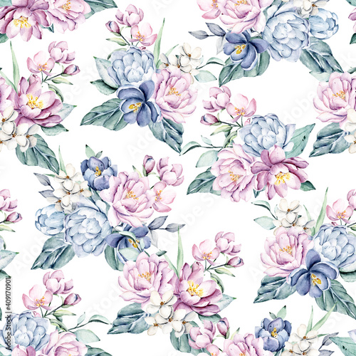 Seamless pattern with watercolor flowers navy blue and pink peonies, repeat floral texture, background hand drawing. Perfectly for wrapping paper, wallpaper, fabric, texture and other printing. © Larisa