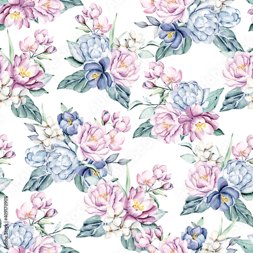 Seamless pattern with watercolor flowers navy blue and pink peonies, repeat floral texture, background hand drawing. Perfectly for wrapping paper, wallpaper, fabric, texture and other printing.