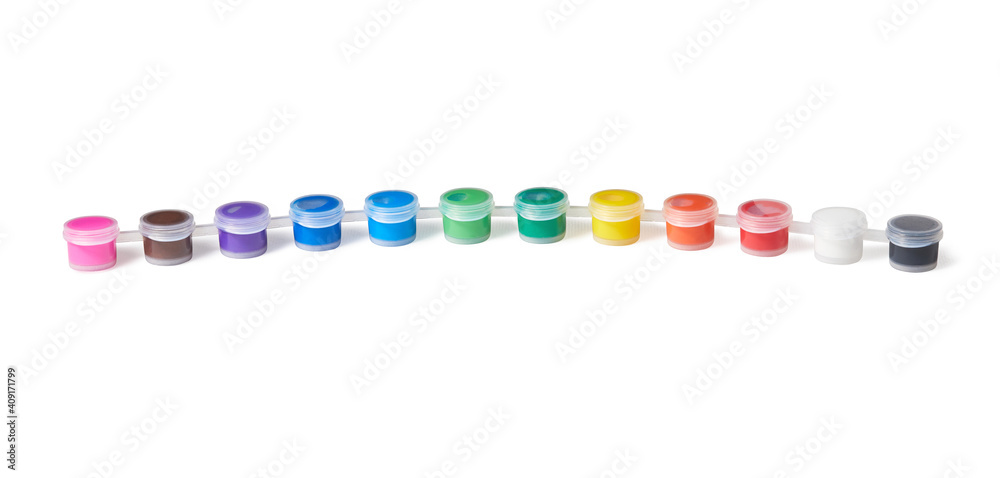 Set of acrylic paints in small plastic cans isolated on a white background with clipping path. Creative hobby. Painting for beginners.