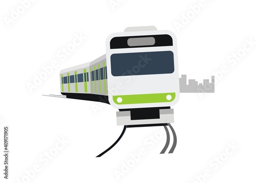 Short commuter train turning left. Simple flat illustration