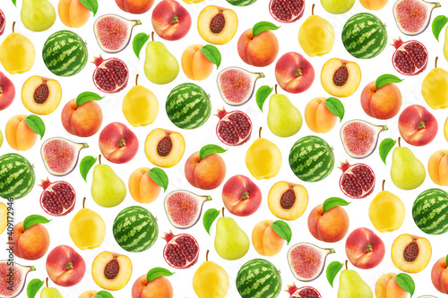 Multicolored endless pattern made with different fruits isolated on white background.