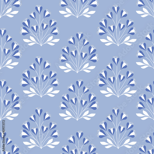 Floral pattern design in blue. Vector seamless repeat of crocus flowers and leaves.