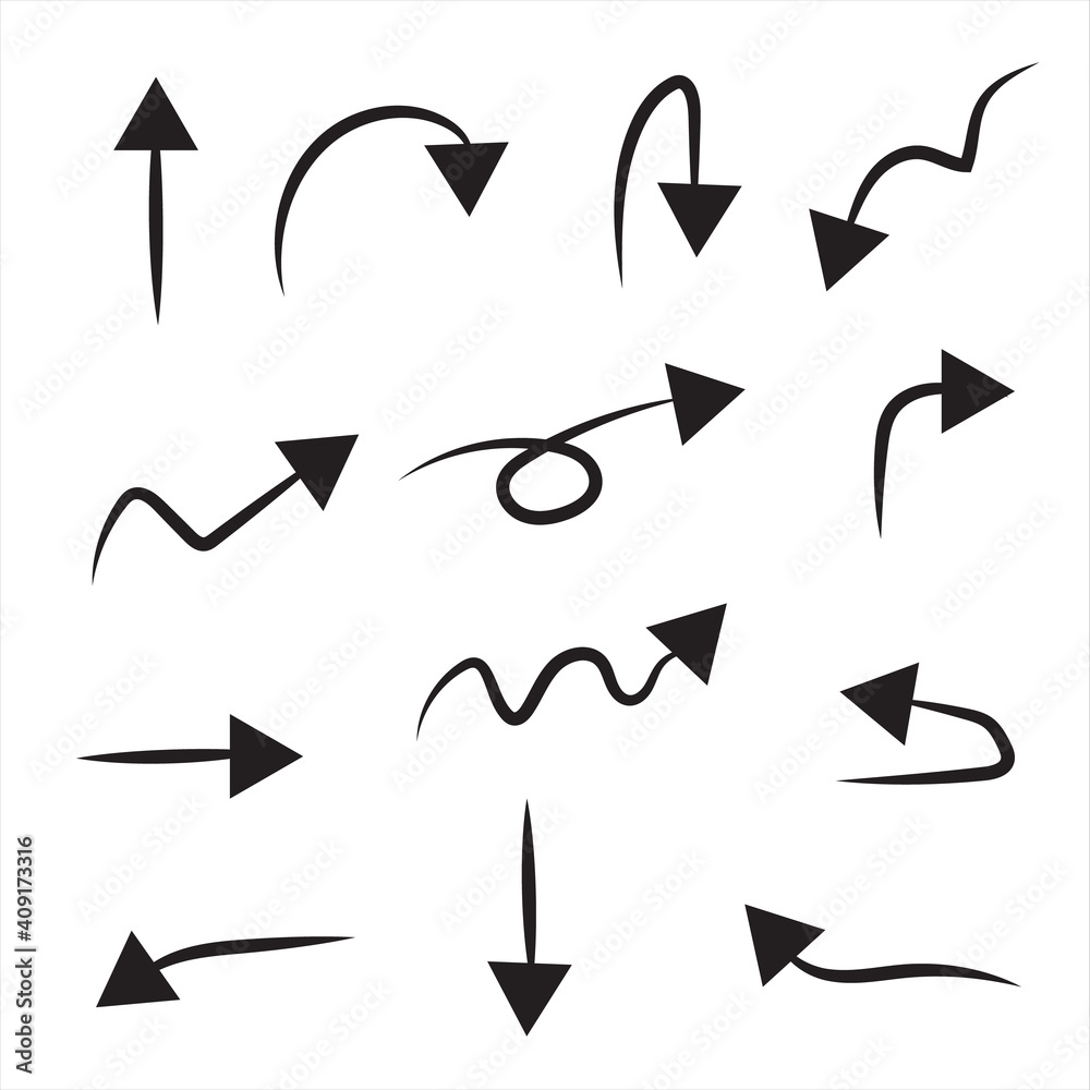 arrow set with hand drawn doodle style isolated on white background