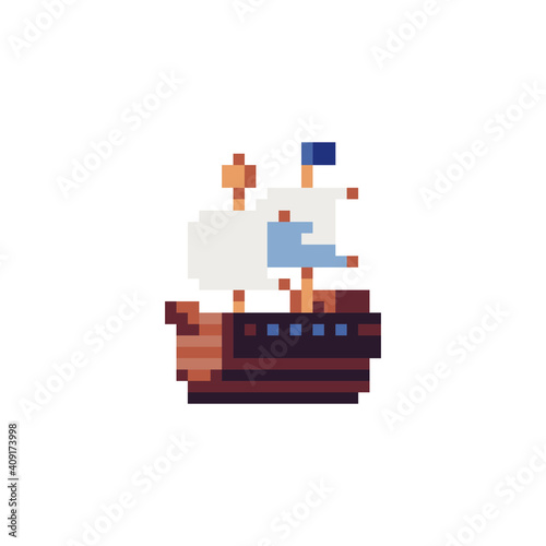 Pirate wooden ship icon. Pixel art style. Sailing boat. Old school computer graphic design. 8-bit. Isolated vector illustration. Game assets. photo