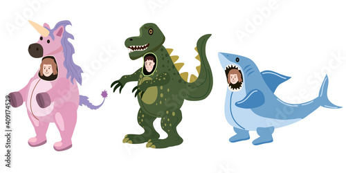 Set Actors in animal Unicorn Dinosaur, Shark costume. Theme party, Birthday kid, children animator, entertainer wearing performer character for holiday masquerade, carnival. Vector