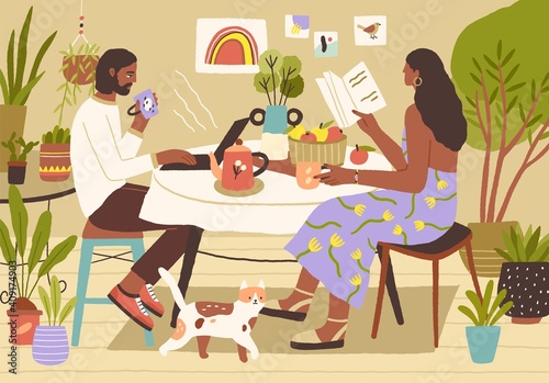 Young couple enjoying spending leisure time at home. Man surfing at the internet or working with laptop, woman reading book. Leisurely breakfast and slow life concept. Colored flat vector illustration