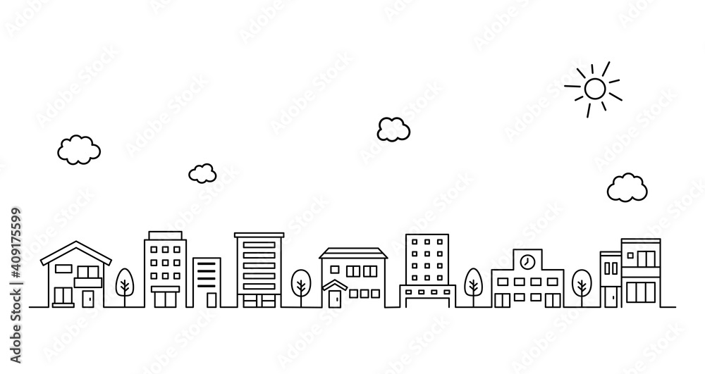 街並みのイラスト シンプル 空 線 背景 おしゃれ アイコン 町 ビル 風景 都会 Stock Vector Adobe Stock