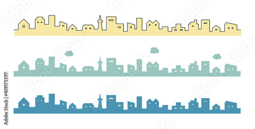 街並みのイラストセット　シンプル　空　線　背景　おしゃれ　アイコン　町　ビル　風景　都会