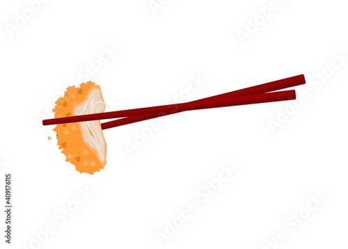 Clamping crispy meat slice with chopstick. Simple flat illustration