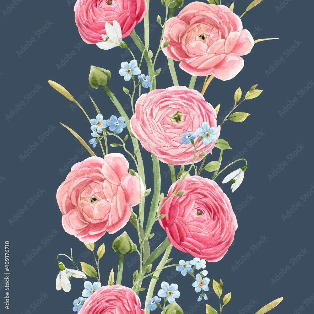 Beautiful vertical seamless floral pattern with watercolor gentle red summer flowers. Stock illustration.