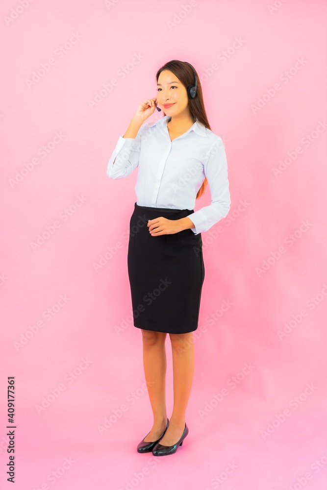 Portrait beautiful young asian woman with headset for call center customer care Portrait beautiful young asian woman with headset for call center customer care