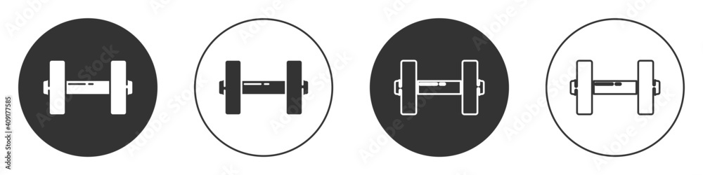 Black Dumbbell icon isolated on white background. Muscle lifting icon, fitness barbell, gym, sports equipment, exercise bumbbell. Circle button. Vector Illustration. Black Dumbbell icon isolated on white background. Muscle lifting icon, fitness barbell, gym, sports equipment, exercise bumbbell. Circle button. Vector Illustration.