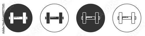 Black Dumbbell icon isolated on white background. Muscle lifting icon, fitness barbell, gym, sports equipment, exercise bumbbell. Circle button. Vector Illustration.
