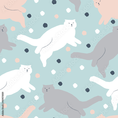 Vector seamless pattern with fat lazy lying cats Kids flat design