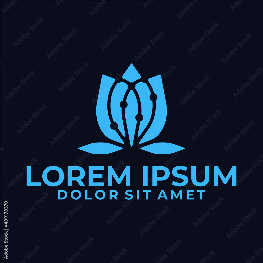 Blossom flower logo template with geometric dot line art illustration in flat design monogram symbol