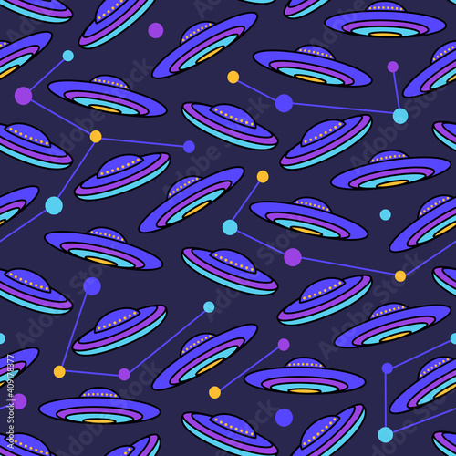 Vector seamless pattern with spaceships Kids cosmic design with ufo