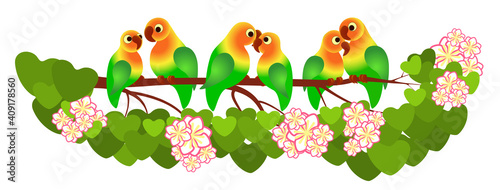 Valentine card with lovebirds on a flowering brunch