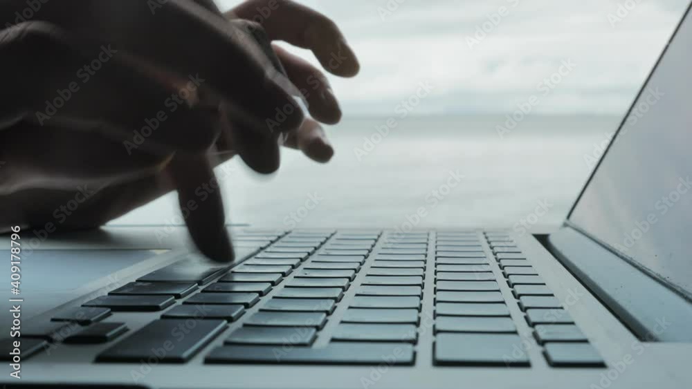 Female hands opening and closing laptop after work. Freelance outdoor work concept