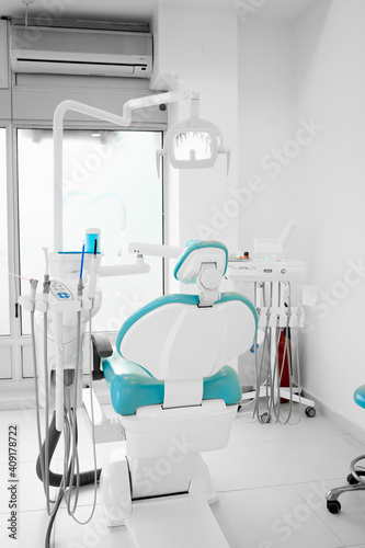 Interior of a modern dentist office with brand new dentist chairs