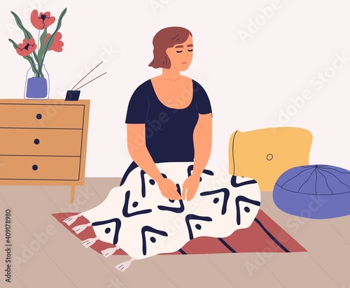 Woman meditating and performing breath control exercises on floor at home. Peaceful relaxed person practicing yoga, mindfulness meditation at home. Colored flat vector illustration