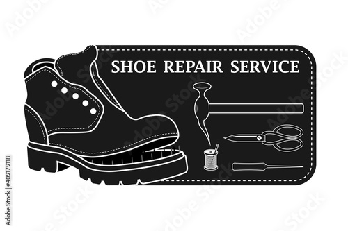 Shoe repair service. Vector image of logo. Trendy concept in old retro style