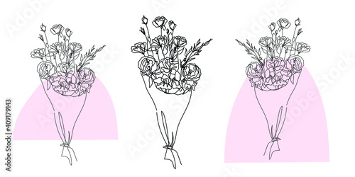 Eustoma bouquet, vector one line drawing illustration. Set of sketch of flowers. Print design, post card, invitation, wedding, flower shop. Abstract, trendy, minimal, tender.