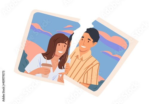 Torn picture of happy ex-couple. Break up and end of romantic relationship concept. Two pieces of photo with smiling man and woman. Colored flat vector illustration isolated on white background