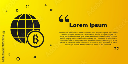 Black Globe and cryptocurrency coin Bitcoin icon isolated on yellow background. Physical bit coin. Blockchain based secure crypto currency. Vector.