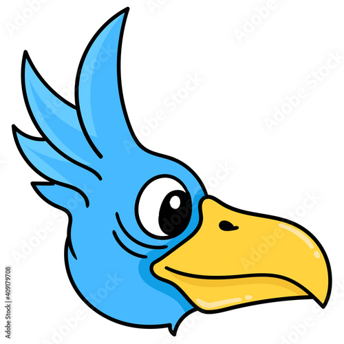 blue parrot head with cute face, doodle icon image kawaii