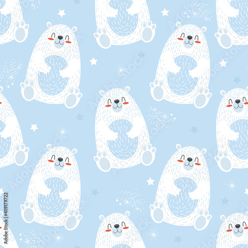 Seamless cute pattern with polar bear and snowflakes. Vector illustration for children print on packaging, fabric, wallpaper, textile