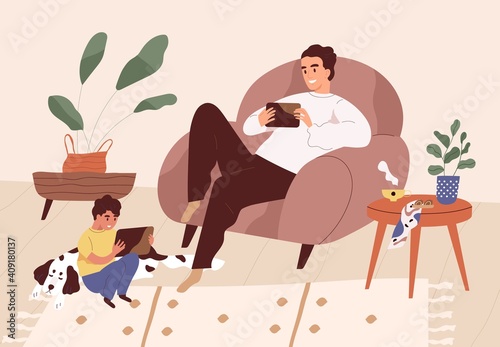 Gadget addicted parent and kid using mobile phones or tablets at home. Father set bad example for child by spending time online in social networks. Colored flat vector illustration