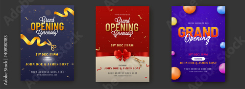 Grand Opening Ceremony Invitation Or Flyer Design With Event Details In Three Color Options.