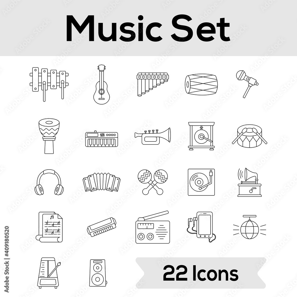 Set Of Music Instrument Icons Or Symbol In Stroke Style. Set Of Music Instrument Icons Or Symbol In Stroke Style.