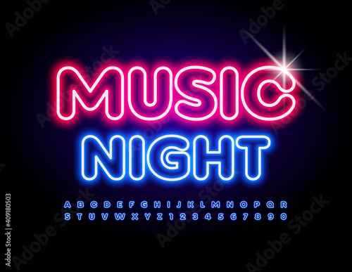 Vector neon poster Music Night. Light tube Font. Blue Glowing Alphabet Letters and Numbers set