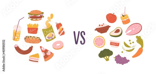 Healthy vs unhealthy food. Concept of choice between good and bad nutrition. Fastfood, sweet and fat eating versus balanced product set. Colored flat vector illustration isolated on white background