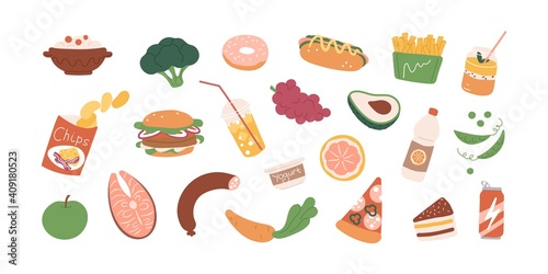 Colored food icons of healthy and fast food - vegetables, drinks, snacks, fruits, avocado, chips, burger, fries and cake. Set of groceries isolated on white background. Flat vector illustration