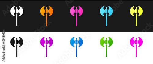 Set Medieval axe icon isolated on black and white background. Battle axe, executioner axe. Medieval weapon. Vector.