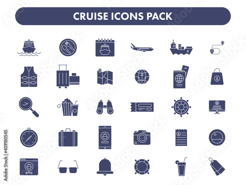 Cruise Icon Or Symbol Set In Blue And White Color.