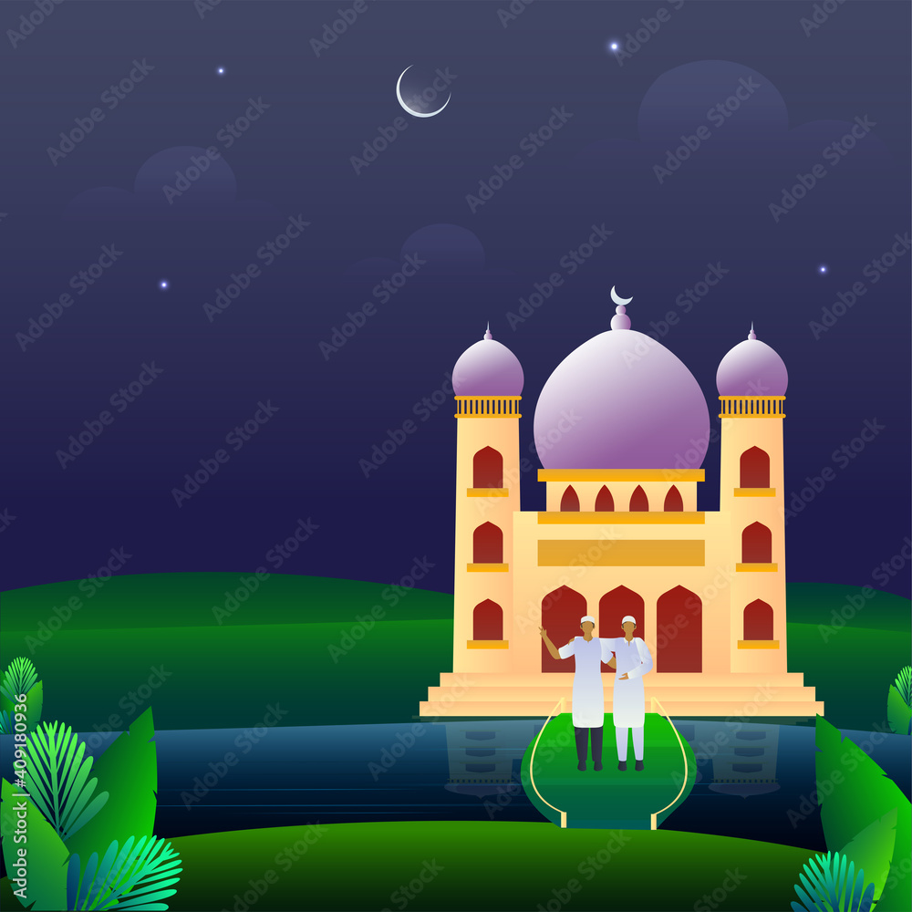 Muslim Men Celebrating Islamic Festival Outside Mosque On Blue And Green Night View Background.